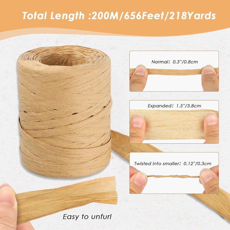 g2plus 218 Yards Raffia Paper Craft Ribbon, 1/4 Inch Wide, Brown Raffia Packing Twine String for Gift Wrapping, DIY Arts&Crafts, Crochet Supplies, Christmas Holiday Decoration - Image 3